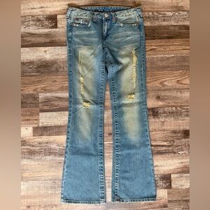 True Religion y2k Light Blue washed low rise Distressed Flare Jeans